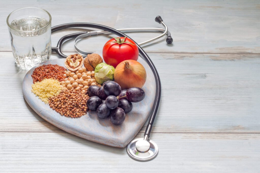 Healthy,Lifestyle,And,Healthcare,Concept,With,Food,,Heart,And,Stethoscope